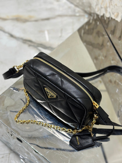 CAMERA BAG 22 IN BLACK TRIANGLE PATTERN QUILTED LAMBSKIN GOLD HARDWARE