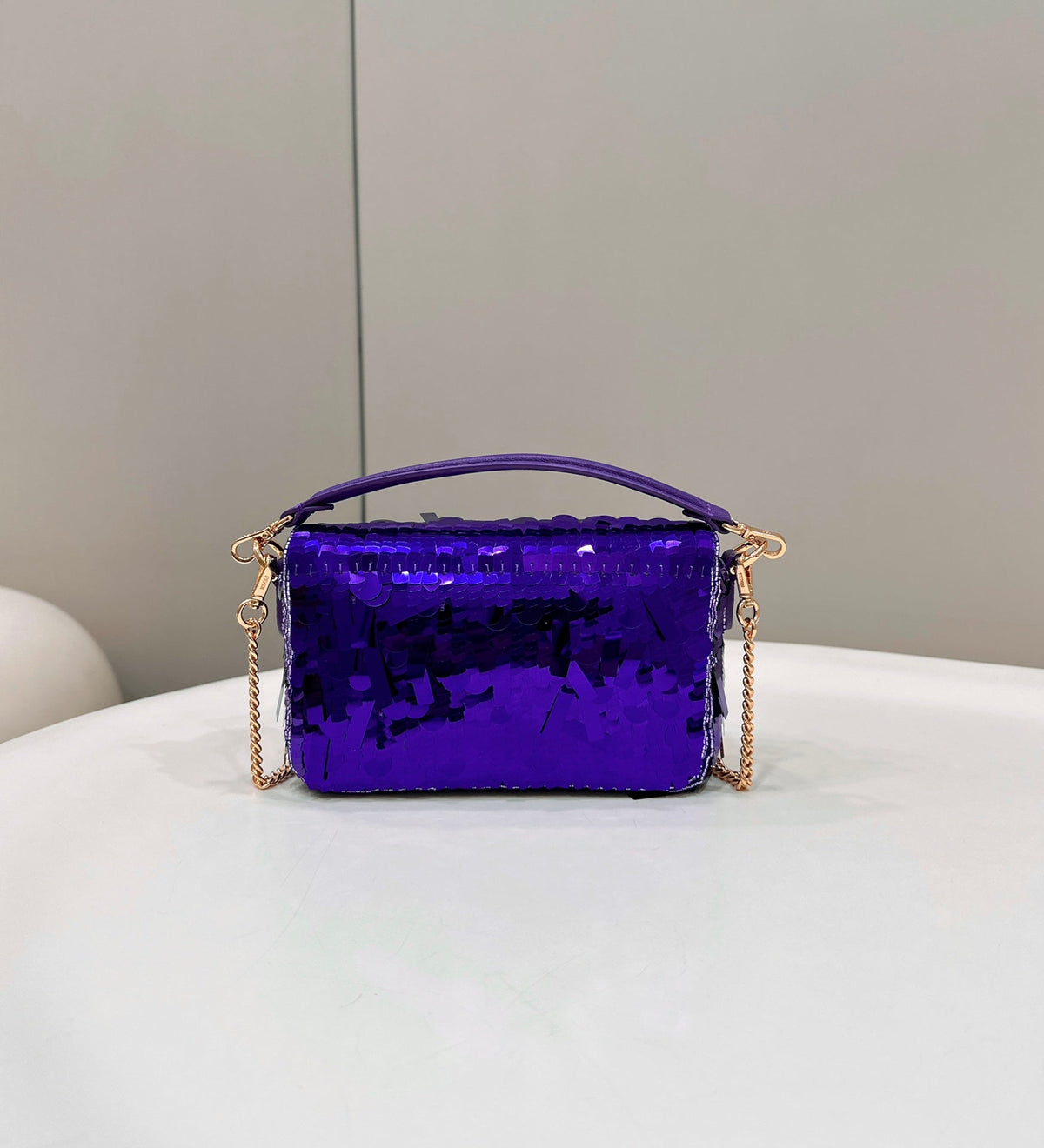 BAGUETTE MINI 19 IN GRAPE JELLY SEQUINS GOLD HARDWARE