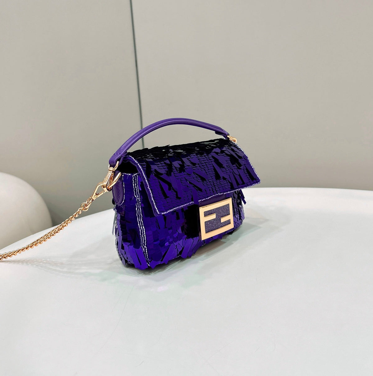 BAGUETTE MINI 19 IN GRAPE JELLY SEQUINS GOLD HARDWARE