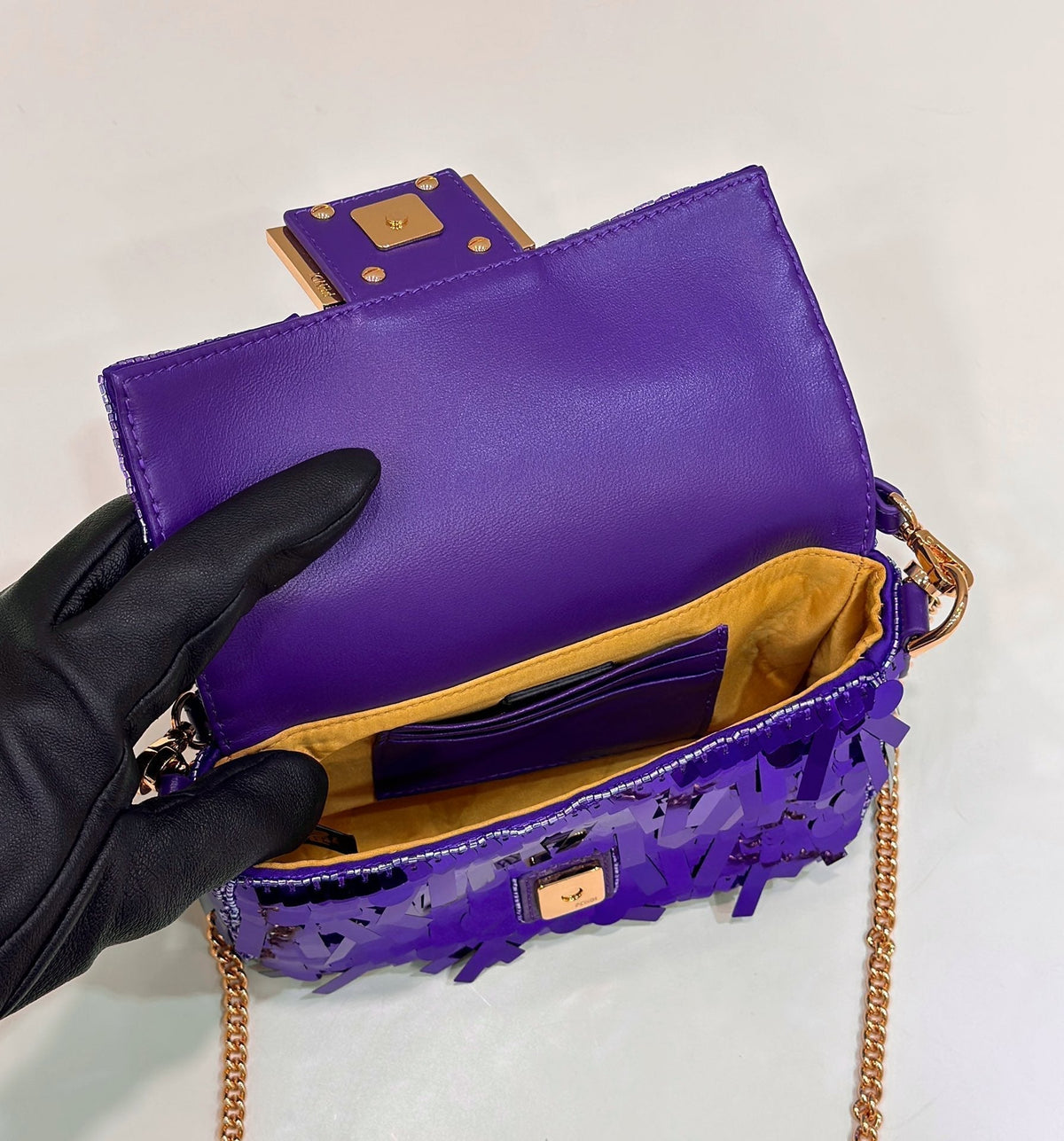 BAGUETTE MINI 19 IN GRAPE JELLY SEQUINS GOLD HARDWARE