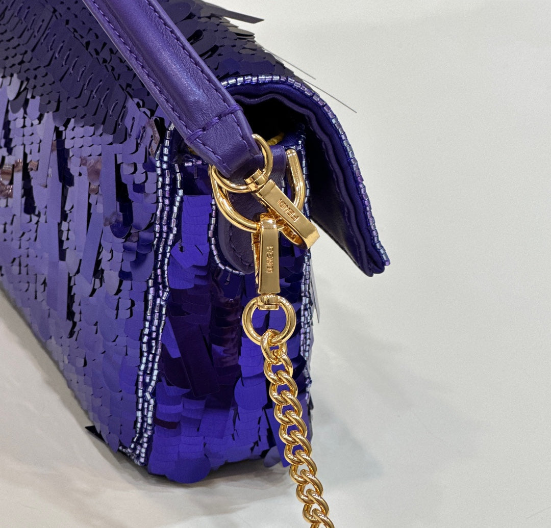 BAGUETTE MINI 19 IN GRAPE JELLY SEQUINS GOLD HARDWARE