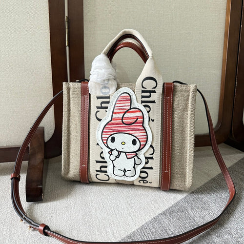 MY MELODY SMALL WOODY TOTE BAG 26.5 IN NATURAL FIBERS BEIGE WEBBING BROWN CALFSKIN