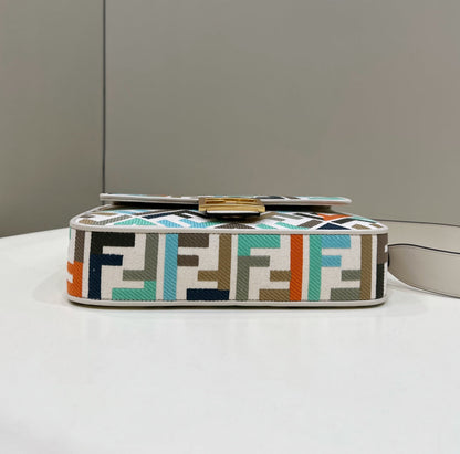 BAGUETTE CANVAS 27 BAG WHITE STRAP WITH MULTICOLOUR EMBROIDERY GOLD HARDWARE