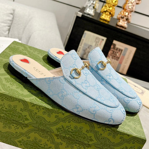 MEN'S MULE WITH HORSEBIT IN LIGHT BLUE MONOGRAM JACQUARD FABRIC