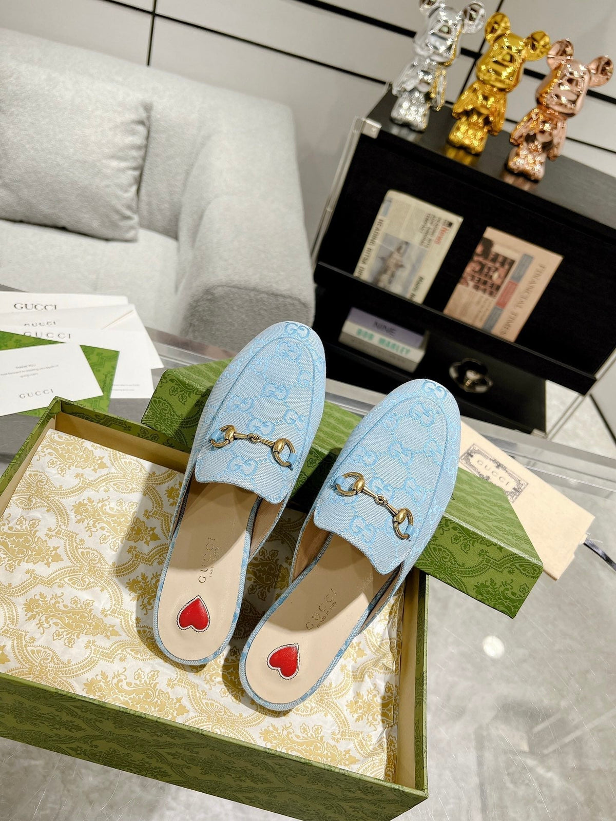 MEN'S MULE WITH HORSEBIT IN LIGHT BLUE MONOGRAM JACQUARD FABRIC