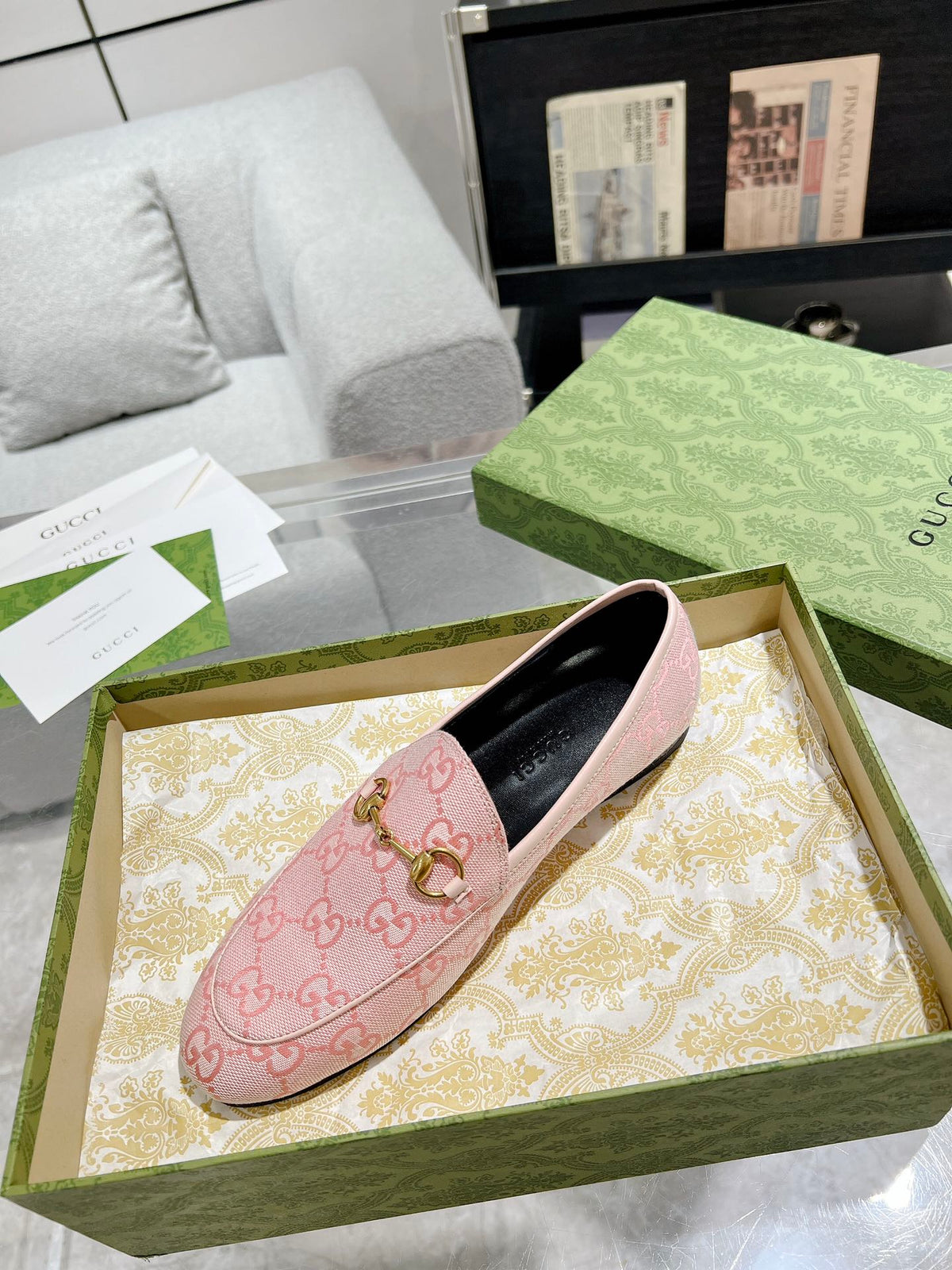 MEN'S LOAFER WITH HORSEBIT IN PINK PASTEL MONOGRAM JACQUARD FABRIC