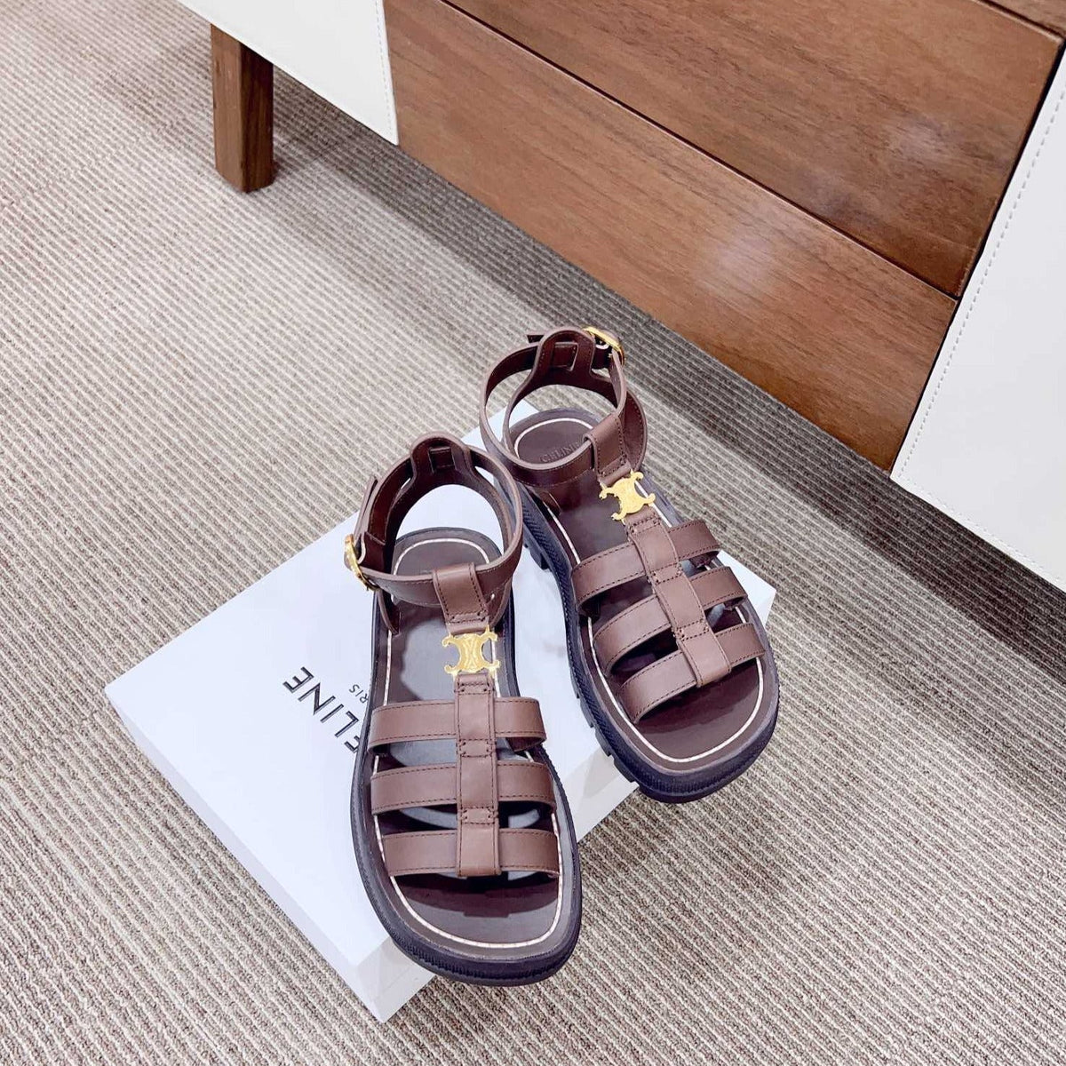 LYMPIA GLADIATOR SANDAL IN CALFSKIN CHOCOLATE BROWN