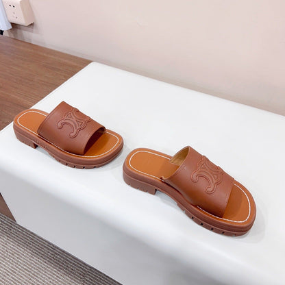 LEA TRIOMPHE PLATFORM SLIDES WOMEN VEGETABLE TANNED CALFSKIN BROWN