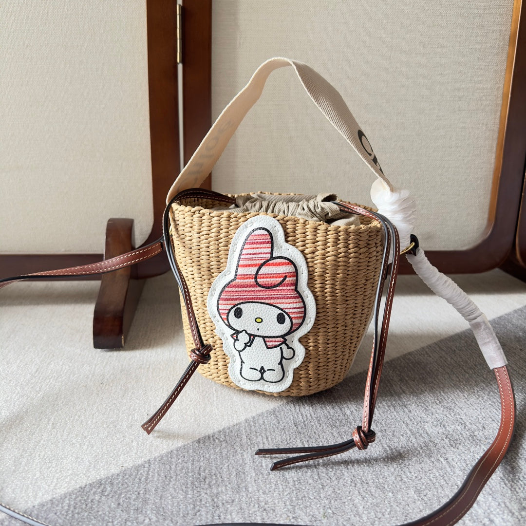 MY MELODY SMALL WOODY BASKET 17 IN NATURAL FIBERS BEIGE WEBBING BROWN CALFSKIN