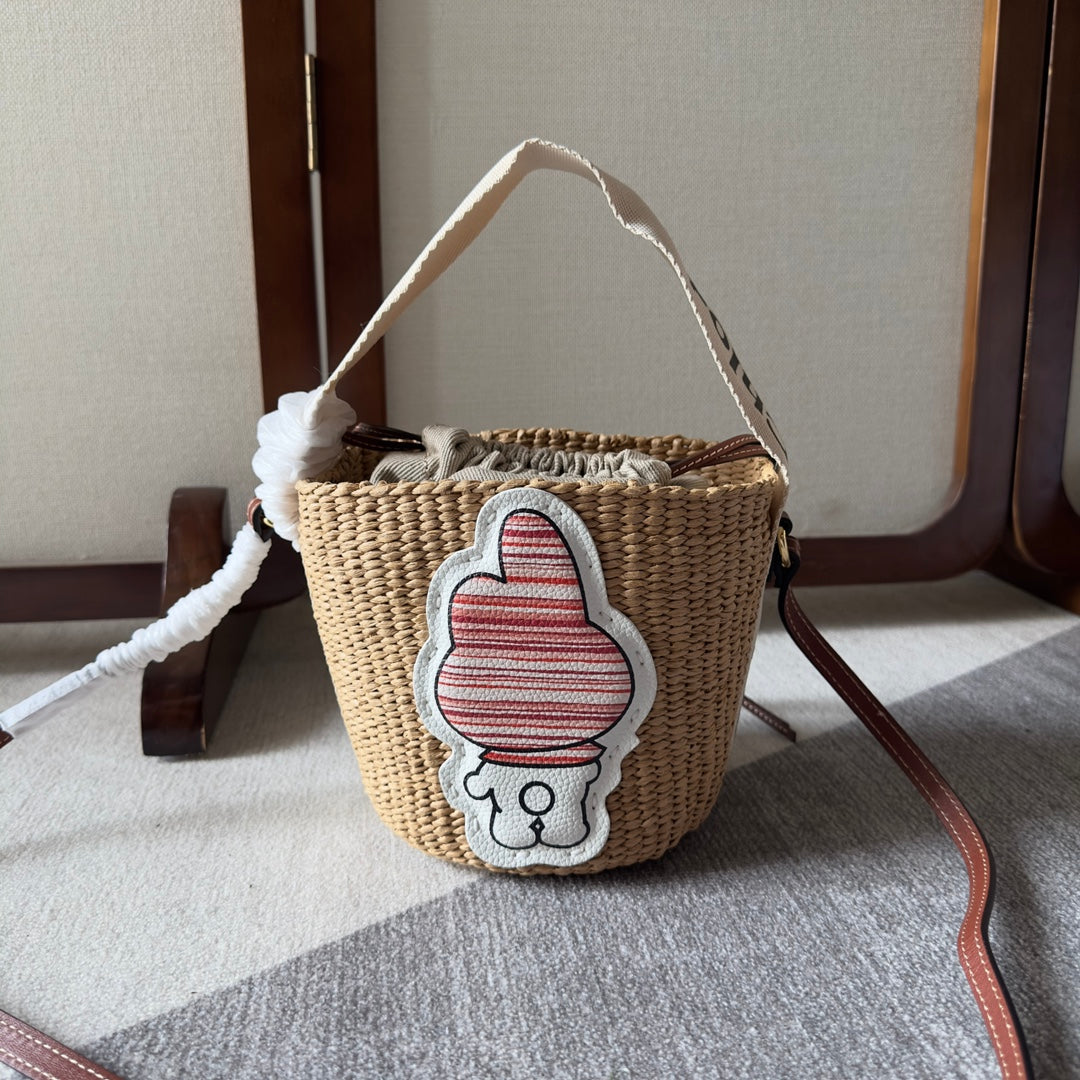 MY MELODY SMALL WOODY BASKET 17 IN NATURAL FIBERS BEIGE WEBBING BROWN CALFSKIN