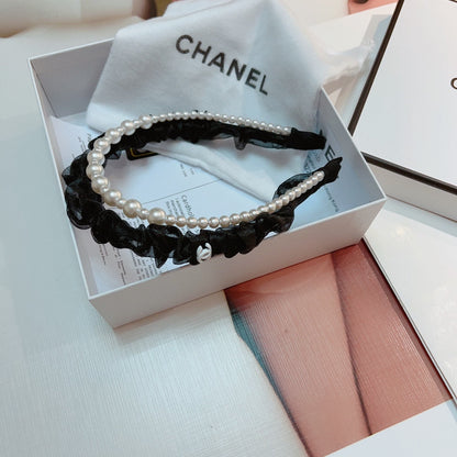 BLACK VOILE FABRIC HAIRBAND WITH PEARL CHAIN 867187