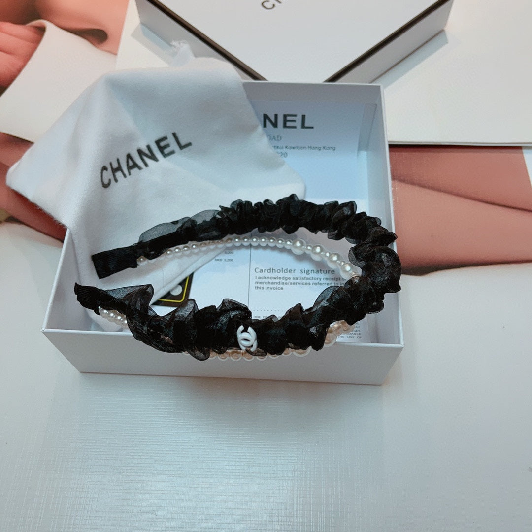 BLACK VOILE FABRIC HAIRBAND WITH PEARL CHAIN 867187