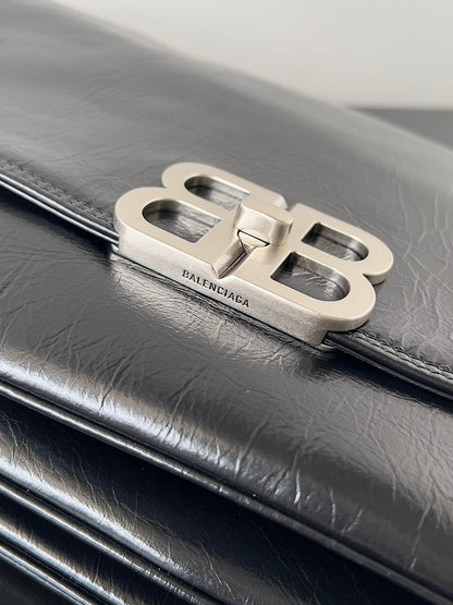 BB SOFT FLAP BAG 36 IN BLACK PEACH CALFSKIN SILVER HARDWARE