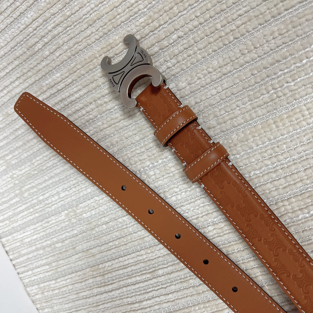 Medium Triomphe Belt 25mm Tan Calfskin White Line Finishing Silver Finishing