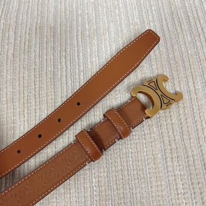 Medium Triomphe Belt 25mm Tan Calfskin White Line Finishing Gold Finishing
