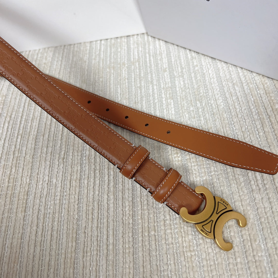Medium Triomphe Belt 25mm Tan Calfskin White Line Finishing Gold Finishing