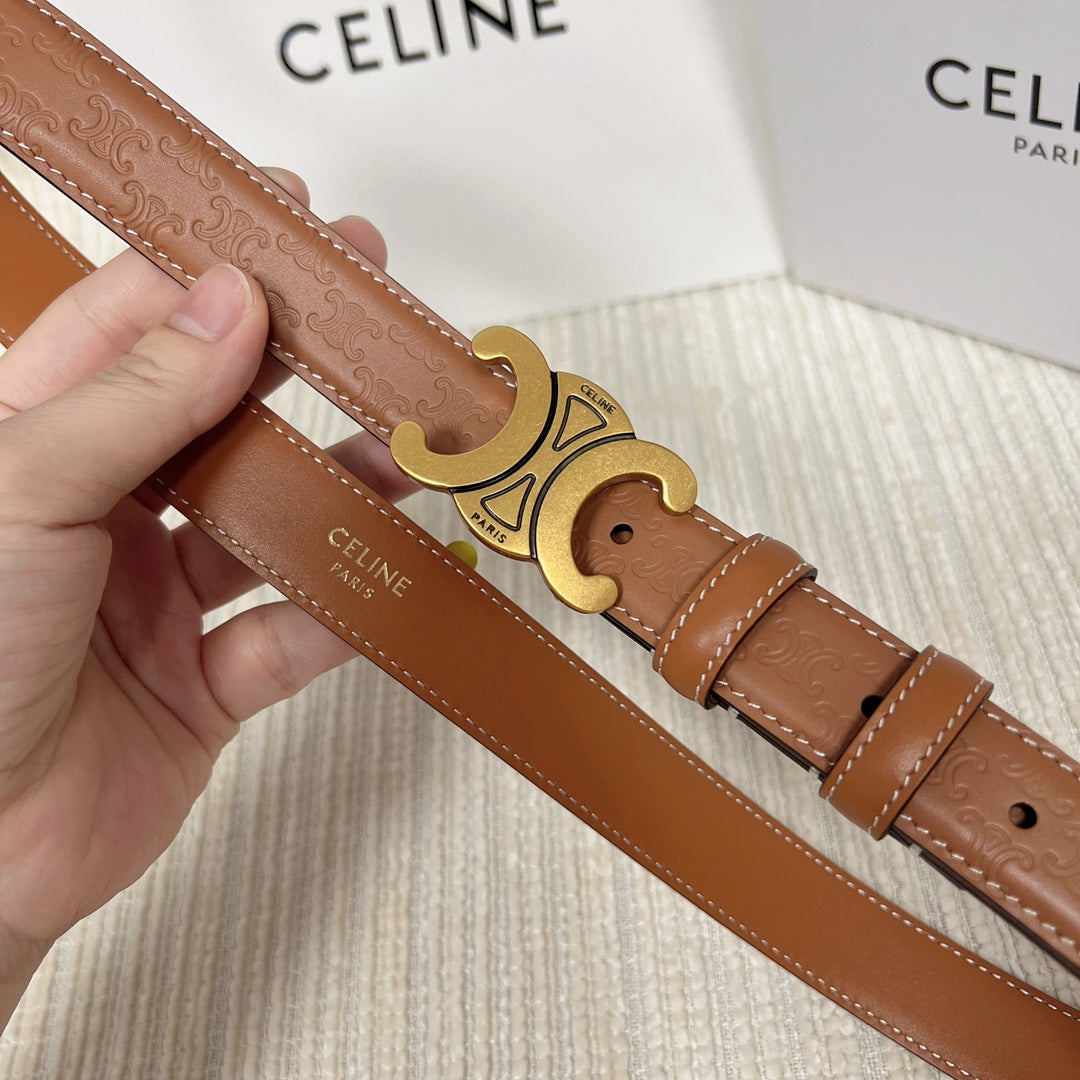 Medium Triomphe Belt 25mm Tan Calfskin White Line Finishing Gold Finishing