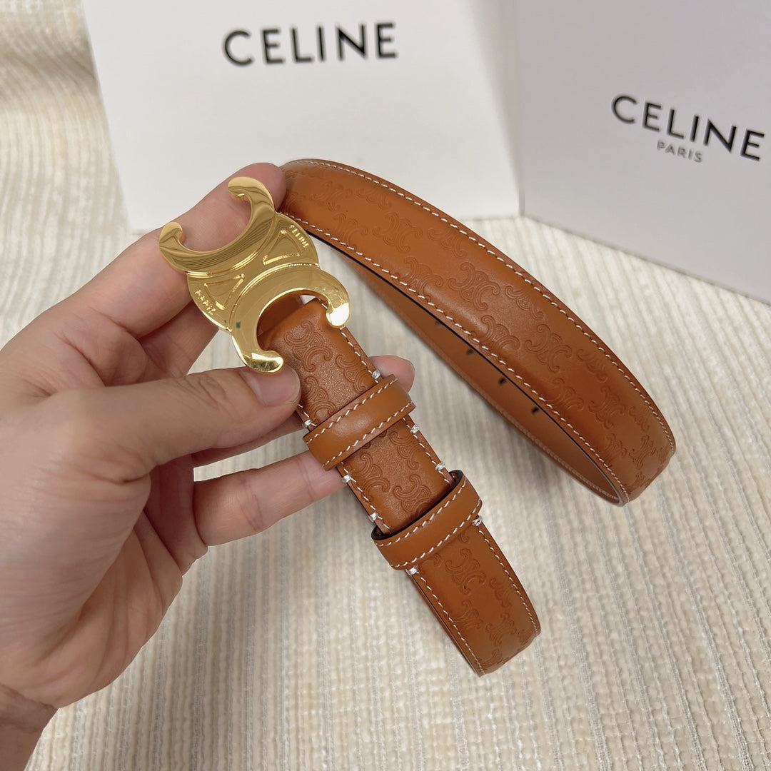 Medium Triomphe Belt 25mm Tan Calfskin with Triomphe Embossed Ghw
