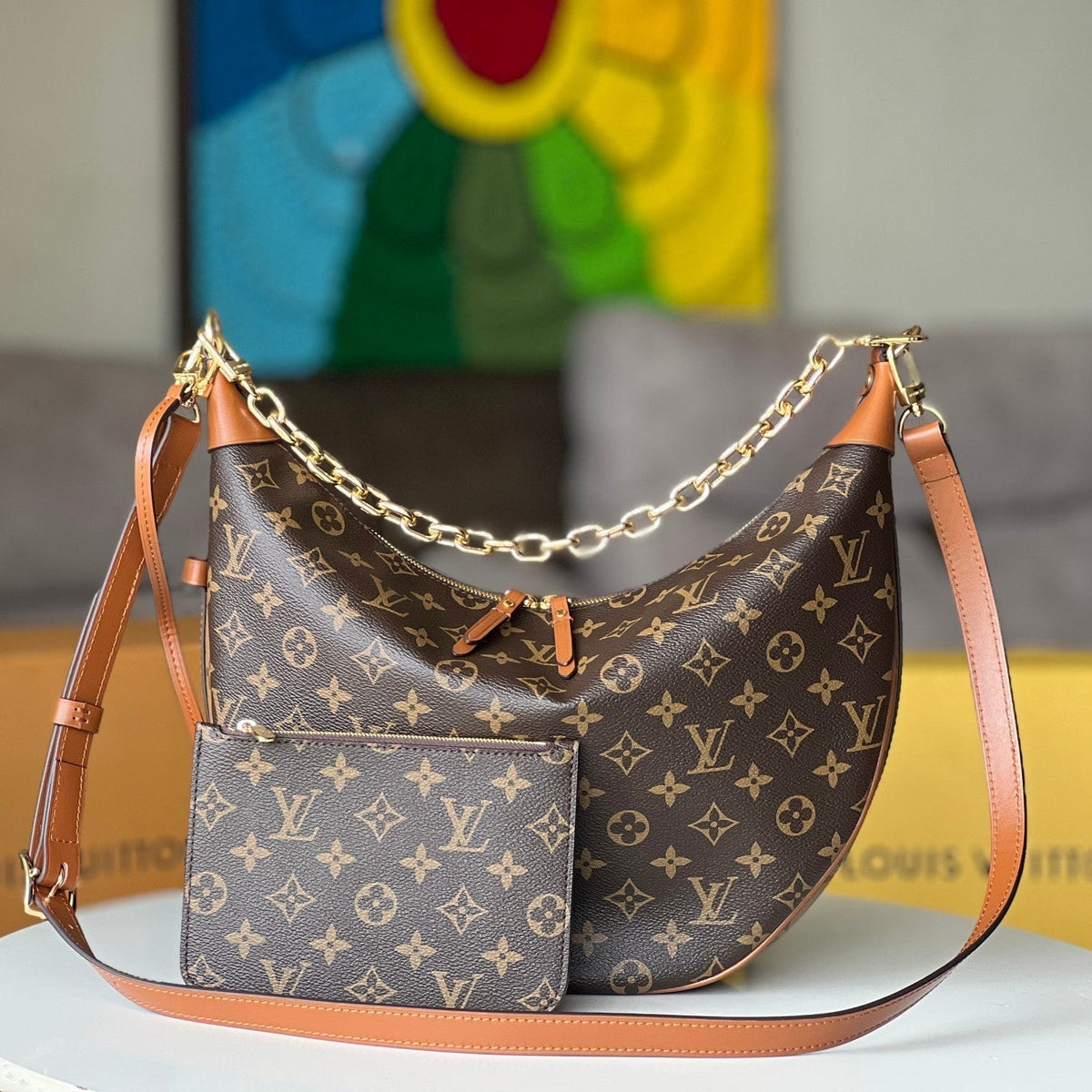 LV 25S LOOP HOBO 38 IN BROWN MONOGRAM COATED CANVAS GOLD HARDWARE