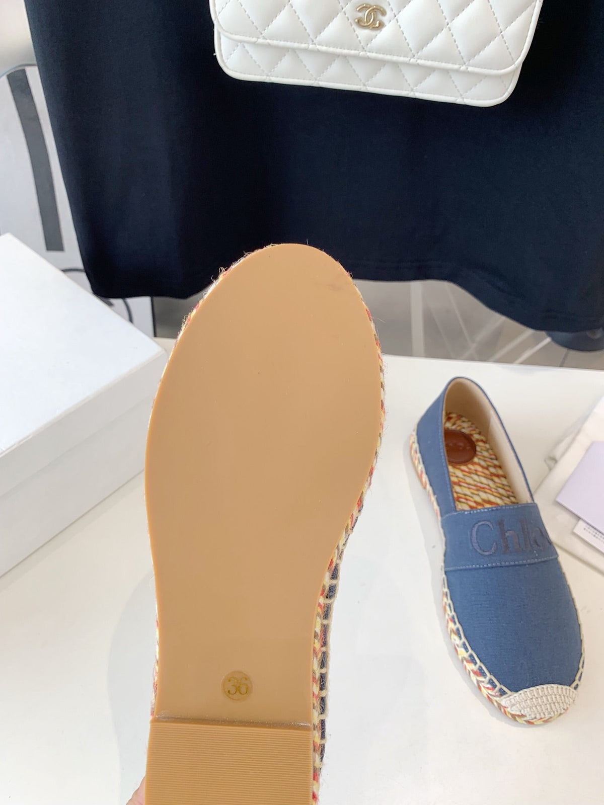 LOAFER SHOES IN PIGEON BLUE DENIM AND WOVEN RAFFIA