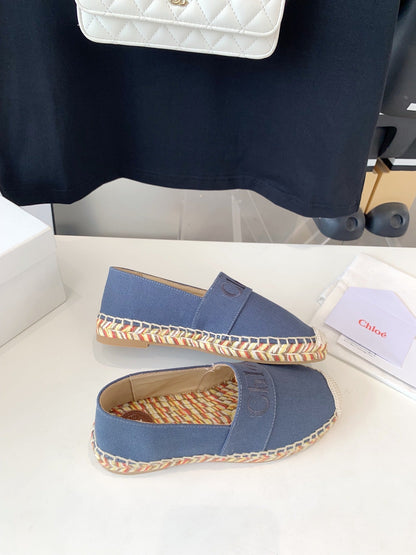 LOAFER SHOES IN PIGEON BLUE DENIM AND WOVEN RAFFIA