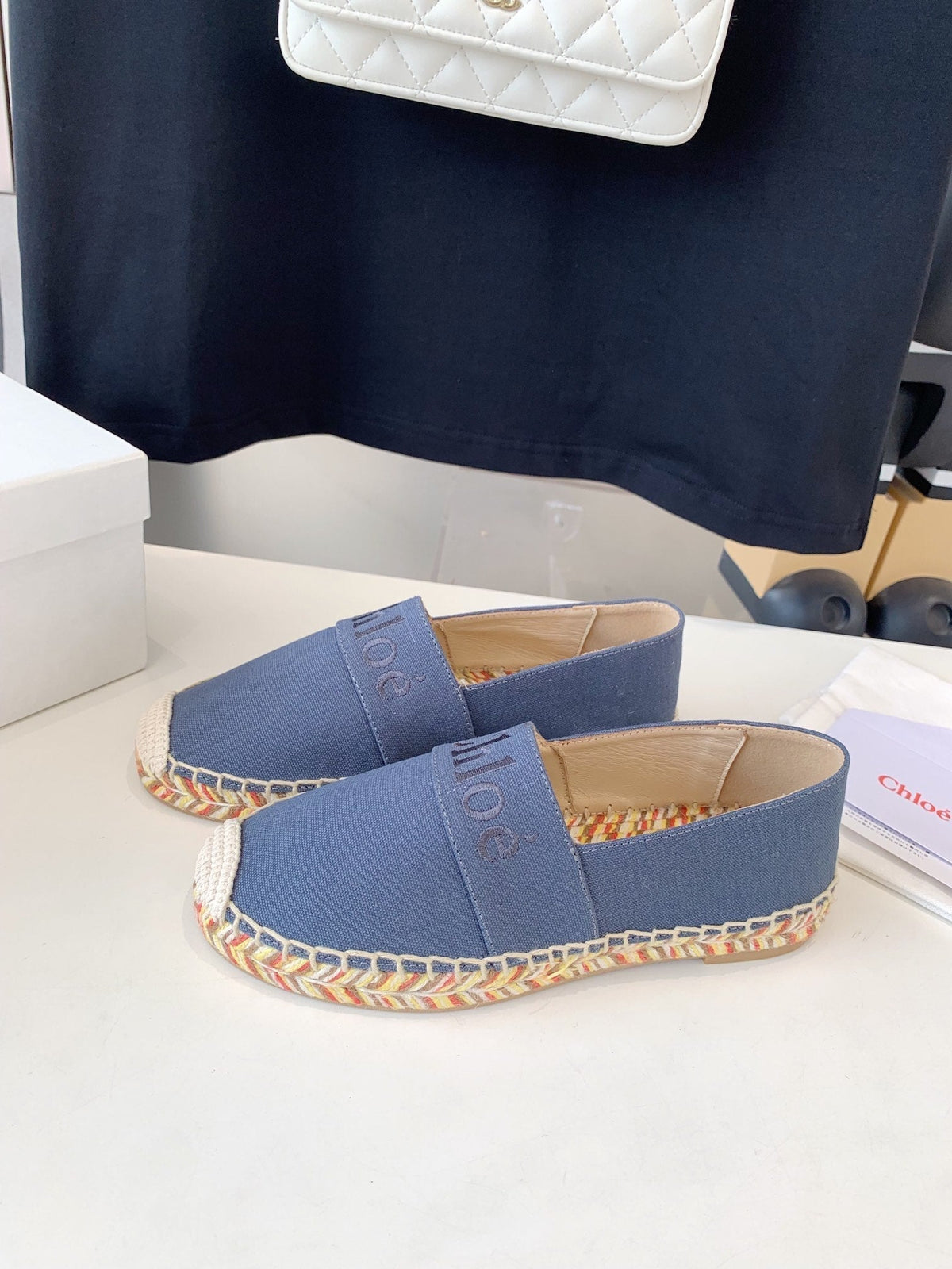 LOAFER SHOES IN PIGEON BLUE DENIM AND WOVEN RAFFIA