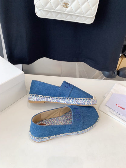 LOAFER SHOES IN CERULEAN BLUE DENIM AND WOVEN RAFFIA