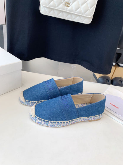 LOAFER SHOES IN CERULEAN BLUE DENIM AND WOVEN RAFFIA