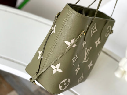 LV NEVERFULL MM KHAKI CREAM MONOGRAM EMPREINTE LEATHER