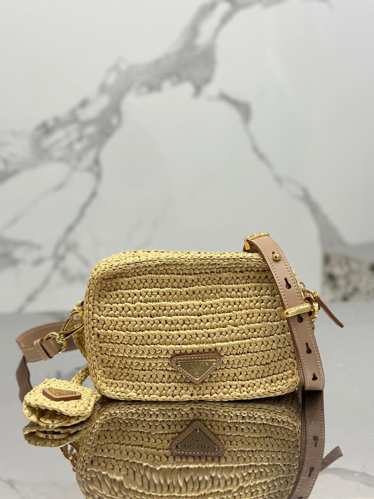 CAMERA BAG 20 IN BEIGE WOVEN RAFFIA