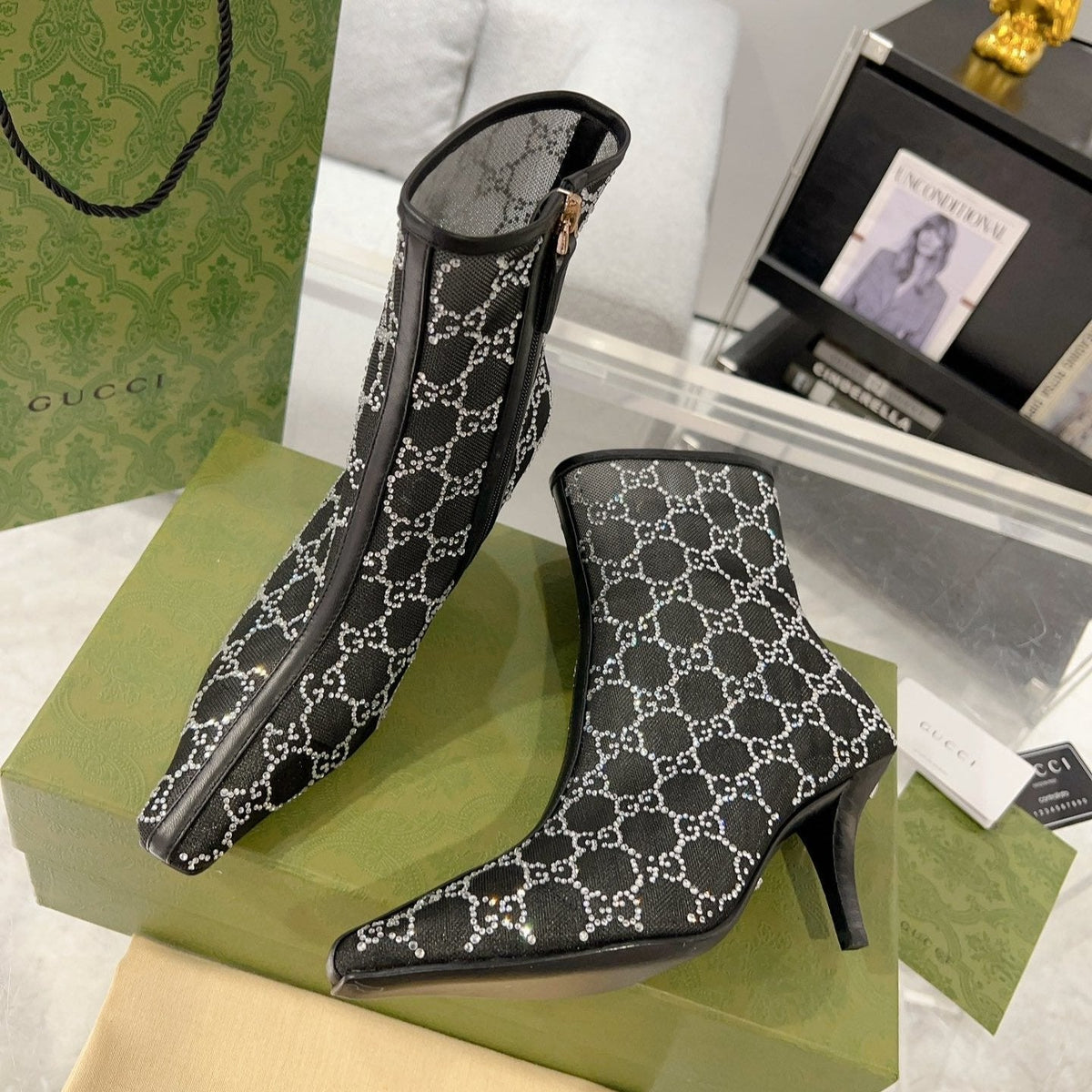 ANKLE BOOTS IN BLACK MESH AND SHEEPSKIN WITH GG CRYSTALS