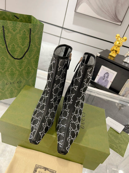 ANKLE BOOTS IN BLACK MESH AND SHEEPSKIN WITH GG CRYSTALS