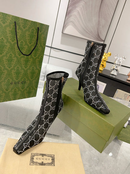 ANKLE BOOTS IN BLACK MESH AND SHEEPSKIN WITH GG CRYSTALS