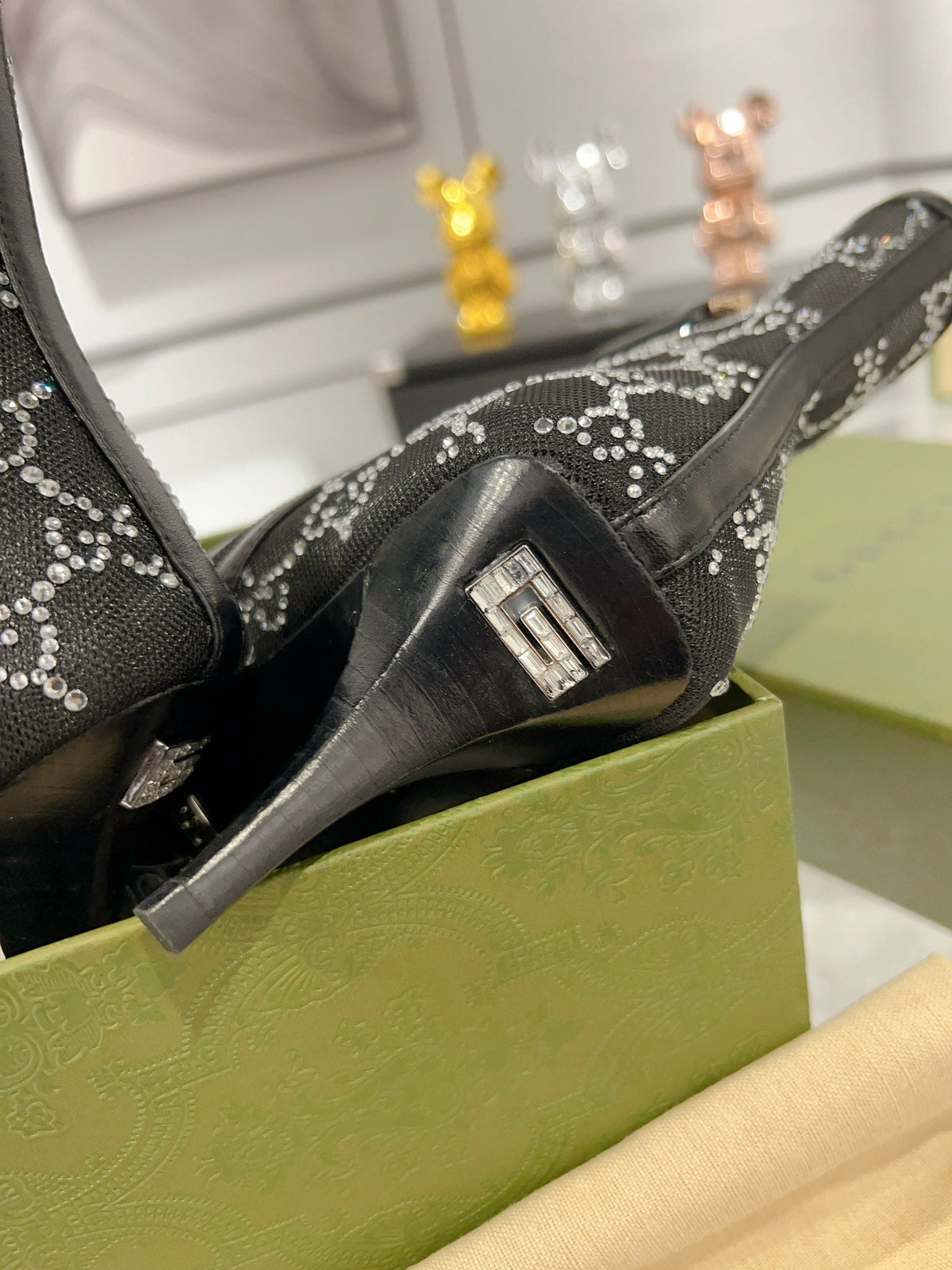 ANKLE BOOTS IN BLACK MESH AND SHEEPSKIN WITH GG CRYSTALS