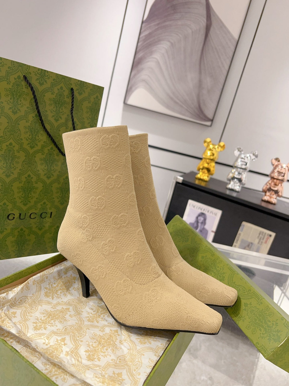 ANKLE BOOTS IN BEIGE KNITTED FABRIC