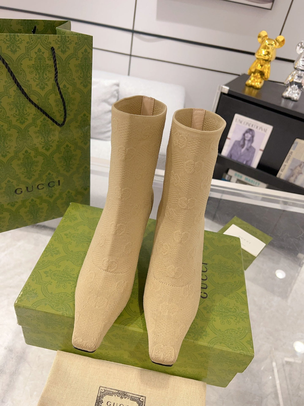 ANKLE BOOTS IN BEIGE KNITTED FABRIC