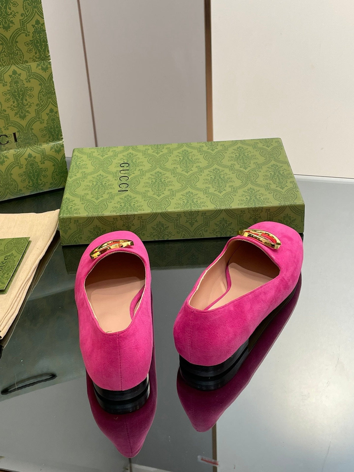 BLONDIE LOGO-PLAQUE LOAFERS IN FUSCIA PINK SUEDE WITH GOLD HARDWARE