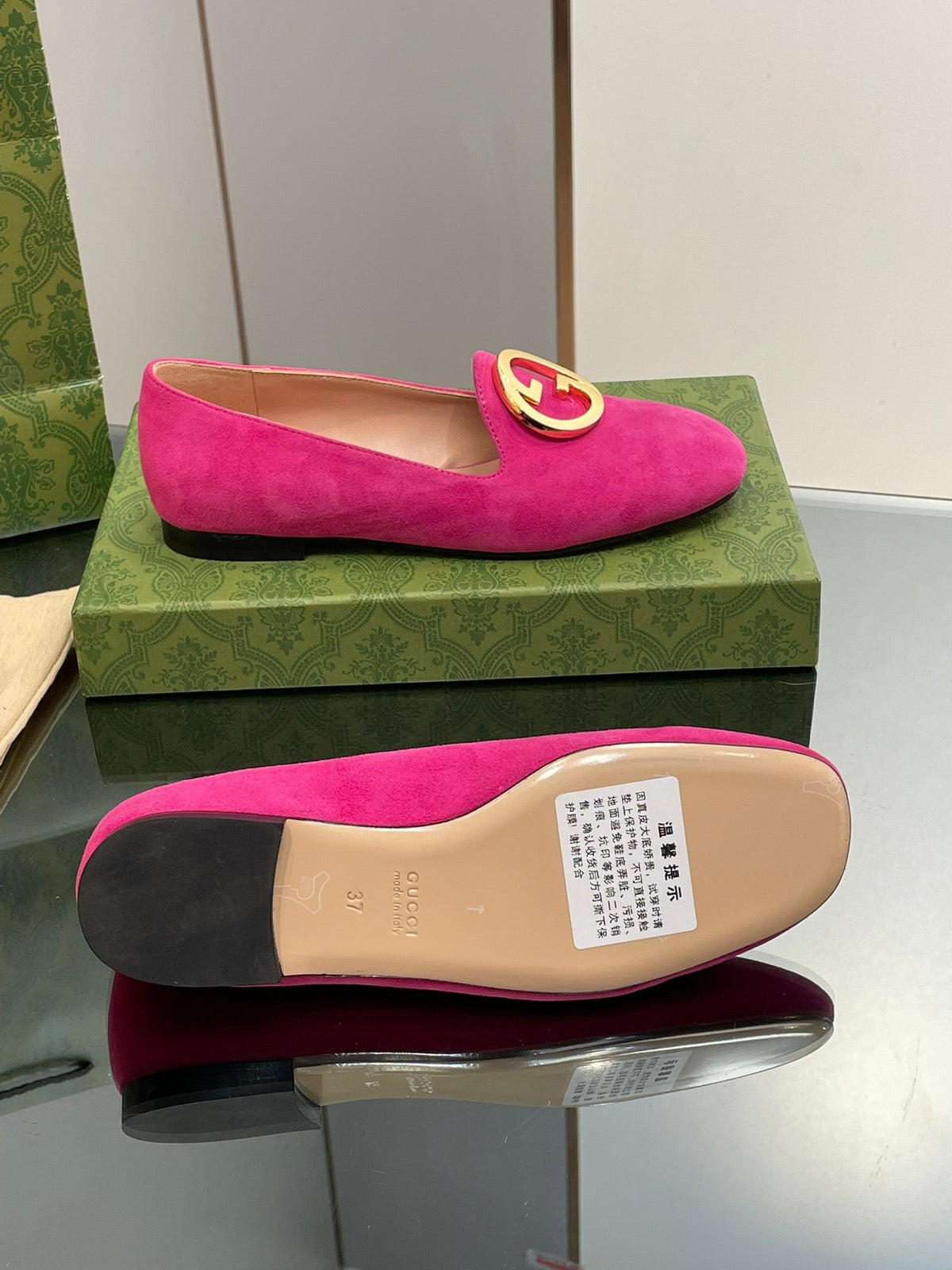BLONDIE LOGO-PLAQUE LOAFERS IN FUSCIA PINK SUEDE WITH GOLD HARDWARE