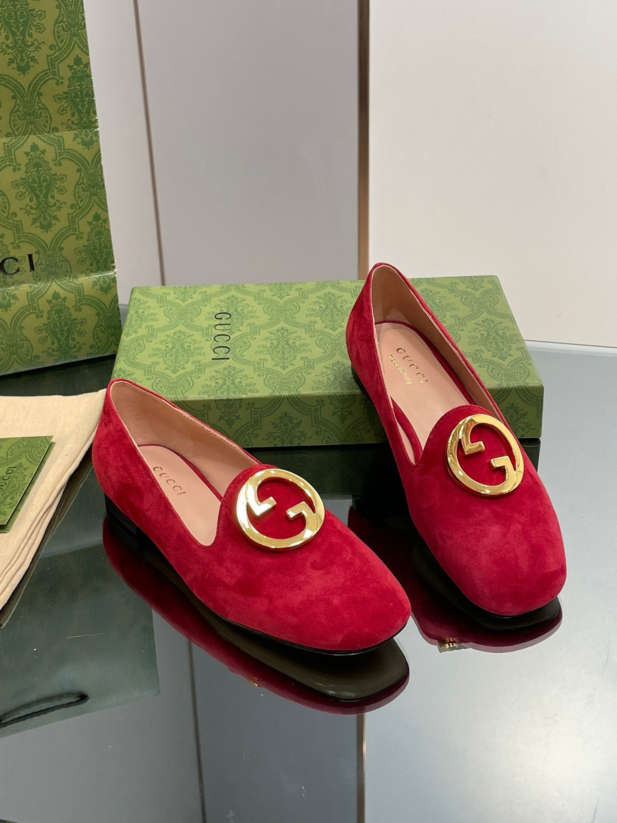 BLONDIE LOGO-PLAQUE LOAFERS IN CRIMSON RED SUEDE WITH GOLD HARDWARE