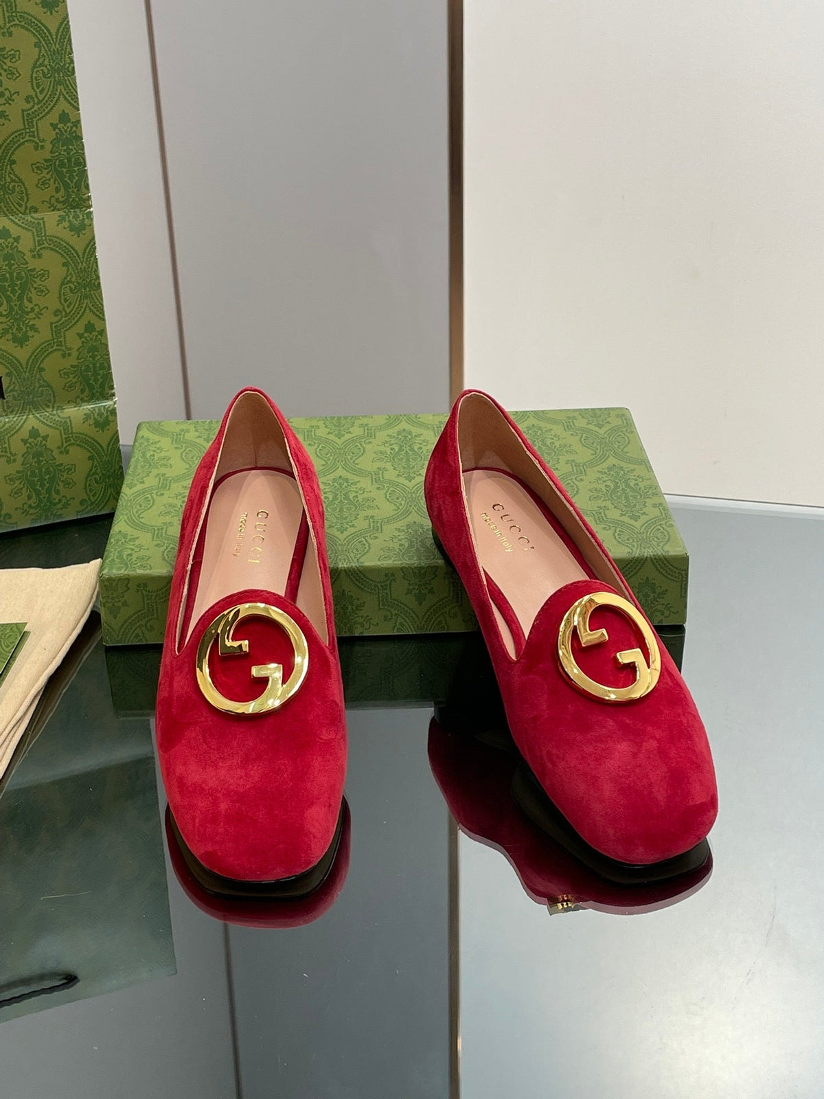 BLONDIE LOGO-PLAQUE LOAFERS IN CRIMSON RED SUEDE WITH GOLD HARDWARE