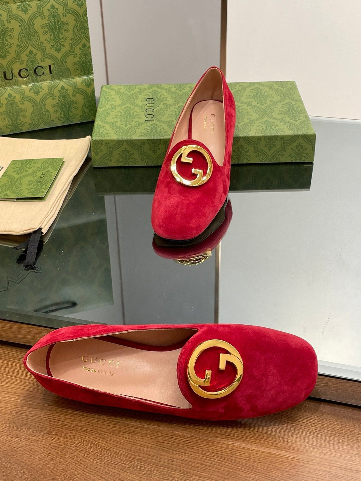 BLONDIE LOGO-PLAQUE LOAFERS IN CRIMSON RED SUEDE WITH GOLD HARDWARE