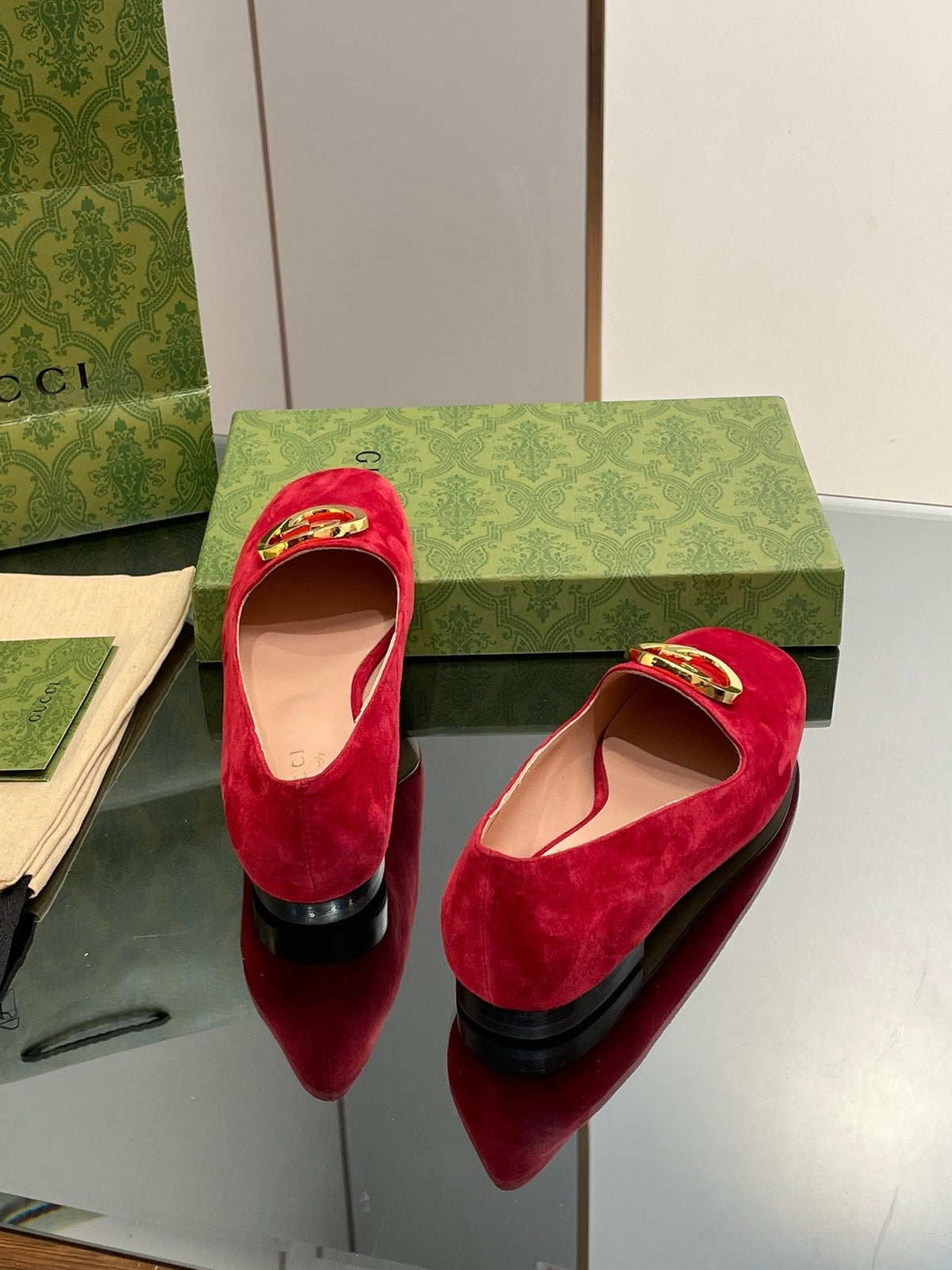 BLONDIE LOGO-PLAQUE LOAFERS IN CRIMSON RED SUEDE WITH GOLD HARDWARE