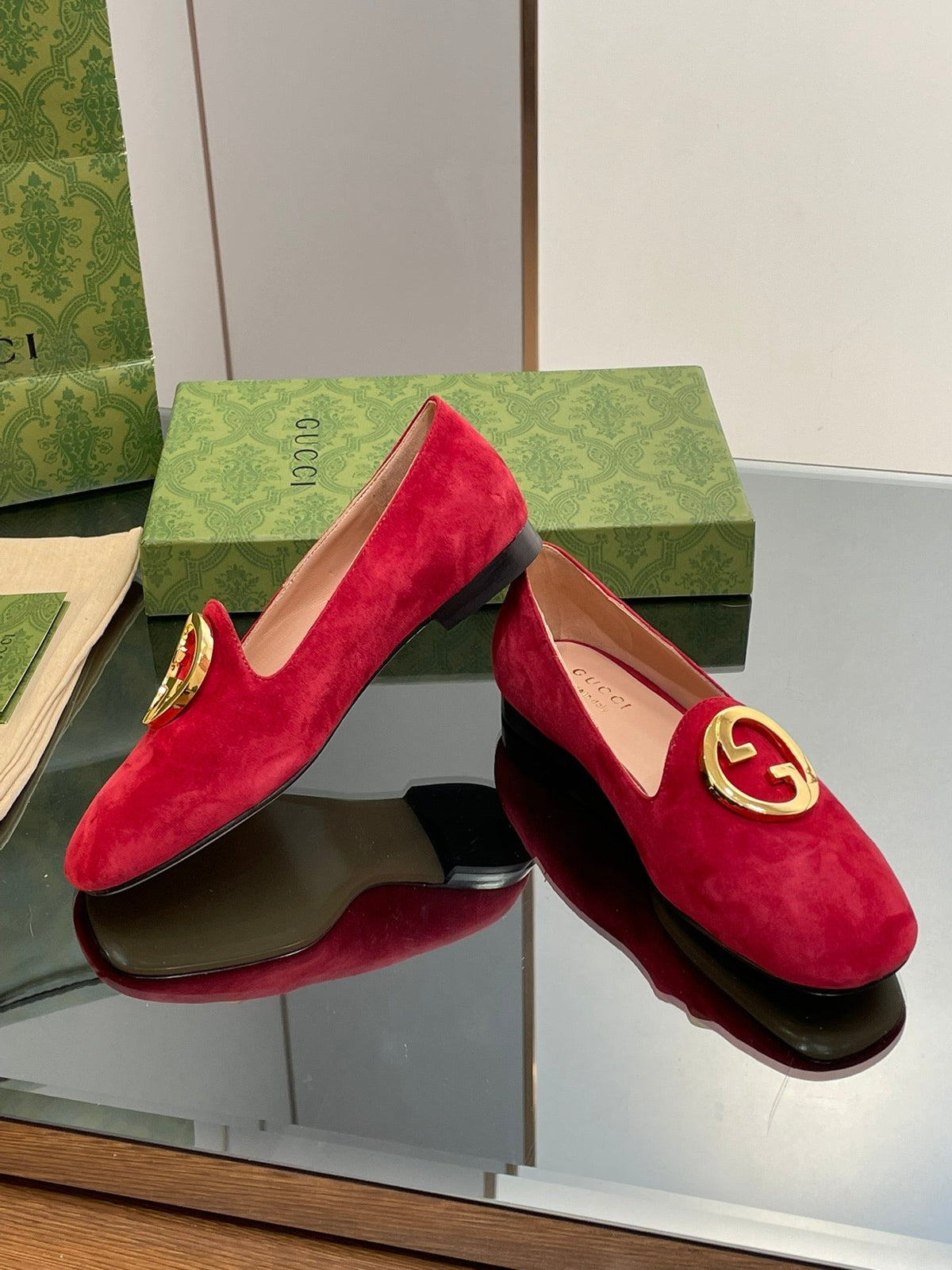BLONDIE LOGO-PLAQUE LOAFERS IN CRIMSON RED SUEDE WITH GOLD HARDWARE