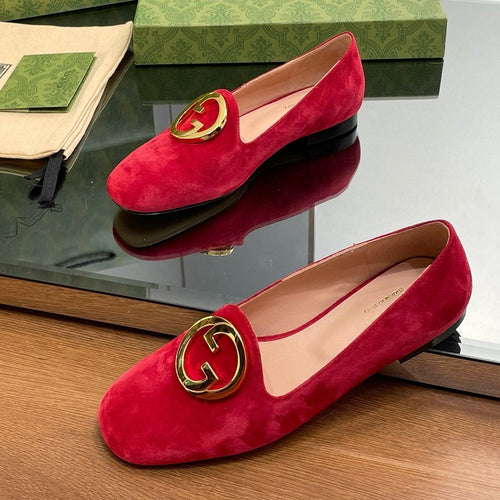 BLONDIE LOGO-PLAQUE LOAFERS IN CRIMSON RED SUEDE WITH GOLD HARDWARE