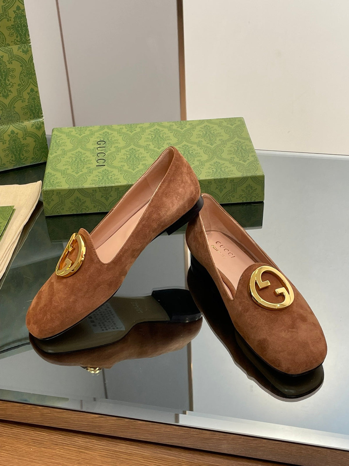 BLONDIE LOGO-PLAQUE LOAFERS IN BRONZE BROWN SUEDE WITH GOLD HARDWARE