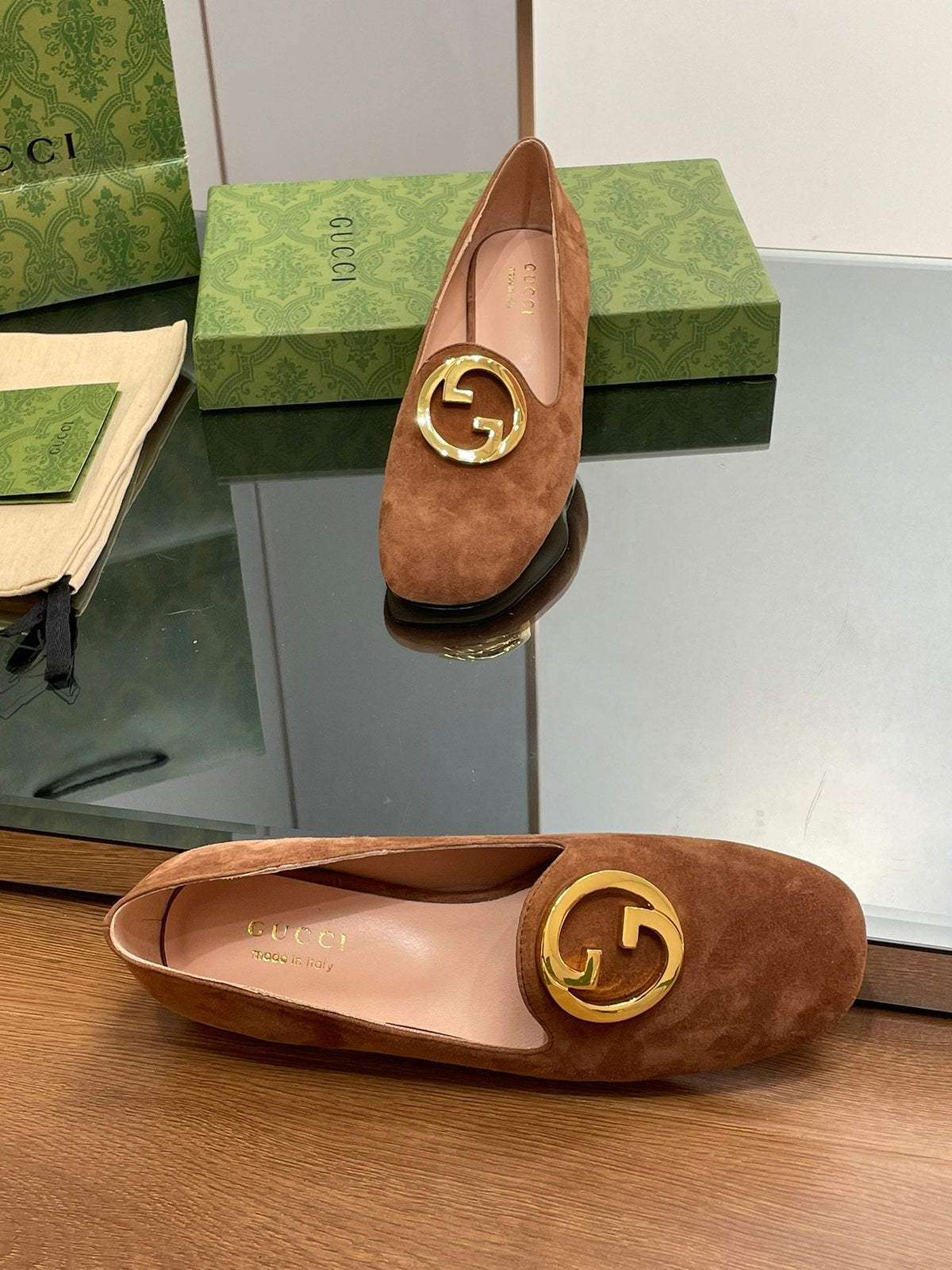 BLONDIE LOGO-PLAQUE LOAFERS IN BRONZE BROWN SUEDE WITH GOLD HARDWARE