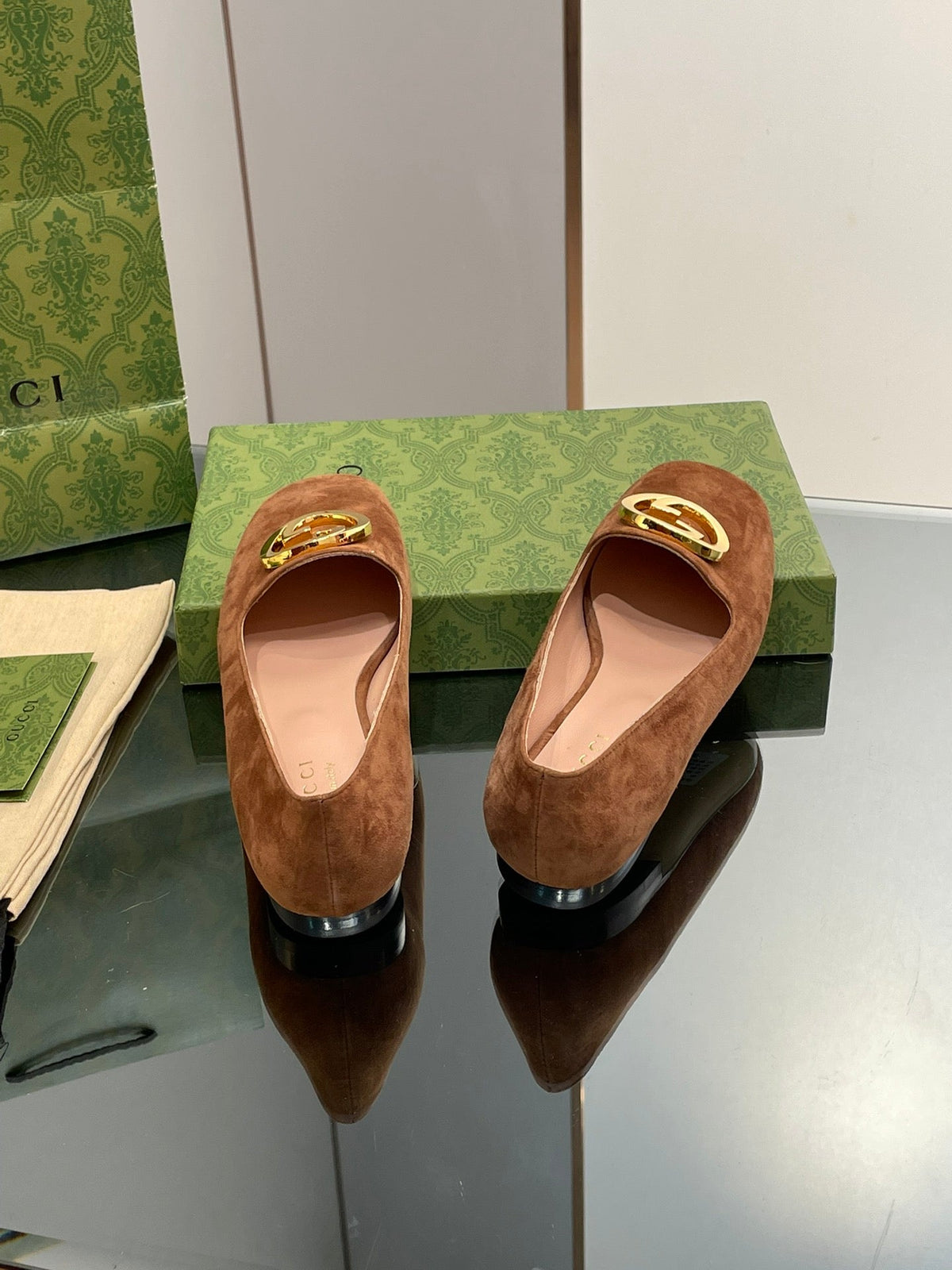 BLONDIE LOGO-PLAQUE LOAFERS IN BRONZE BROWN SUEDE WITH GOLD HARDWARE
