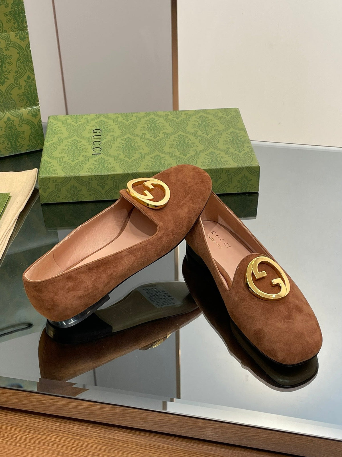 BLONDIE LOGO-PLAQUE LOAFERS IN BRONZE BROWN SUEDE WITH GOLD HARDWARE