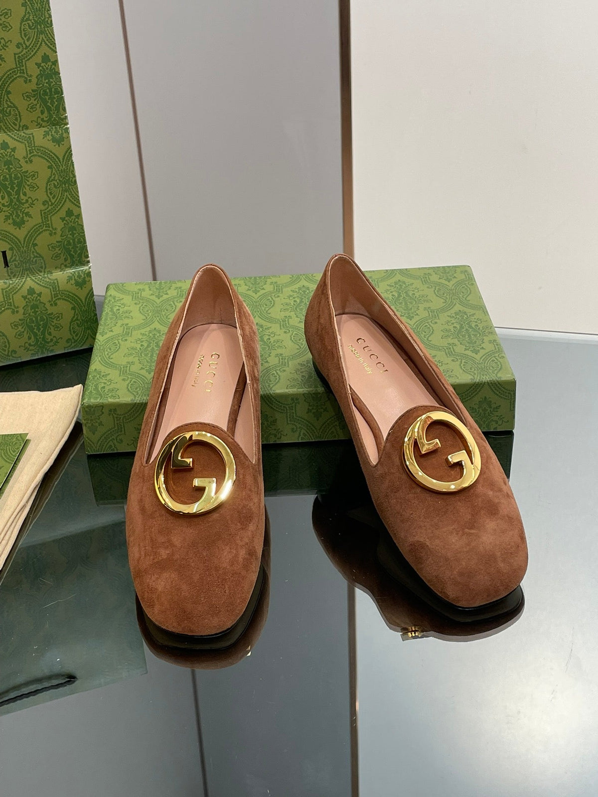 BLONDIE LOGO-PLAQUE LOAFERS IN BRONZE BROWN SUEDE WITH GOLD HARDWARE