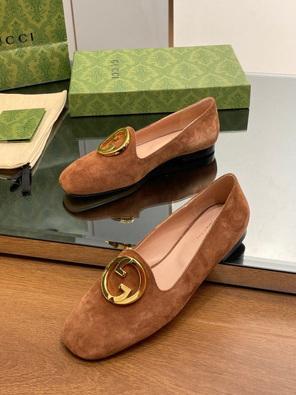 BLONDIE LOGO-PLAQUE LOAFERS IN BRONZE BROWN SUEDE WITH GOLD HARDWARE